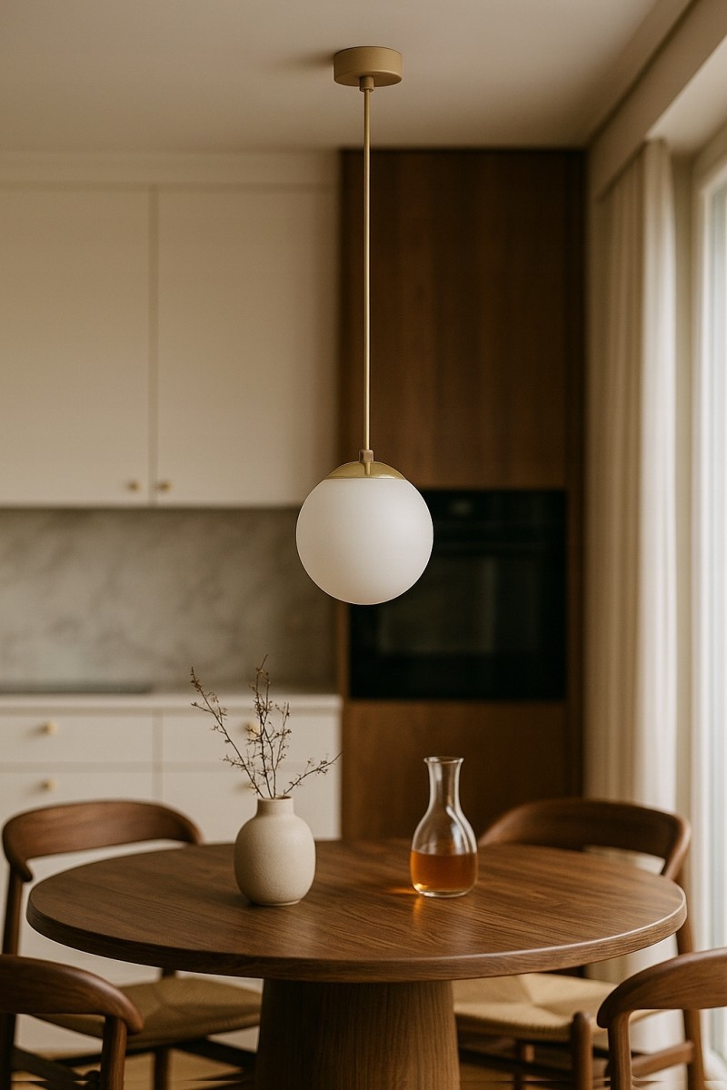 Lampa wisząca Savia w kolorze beżowym i białym z jednolitą, okrągłą kloszem. Zawieszona na cienkim, beżowym kablu w kuchennym otoczeniu, nad drewnianym stołem. W tle widoczne jasne meble i okno z zasłonami.