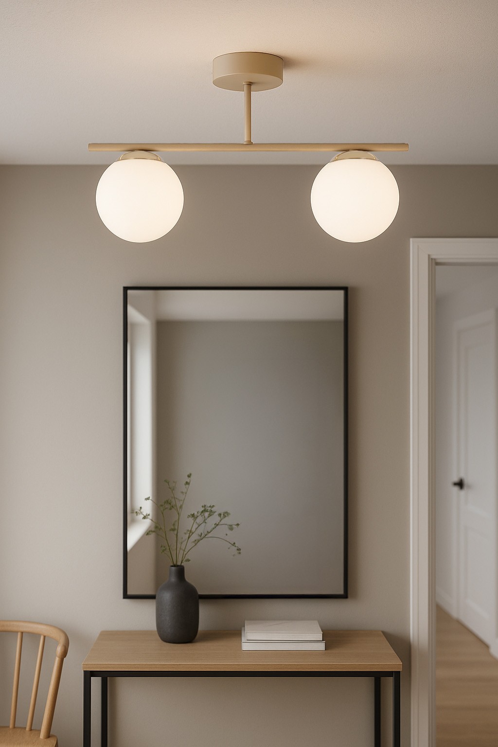 Beżowa lampa sufitowa Savia z dwoma kulistymi kloszami w białym kolorze, zawieszona na metalowej belce. Ujęcie frontalne, w tle widoczna drewniana komoda z wazonem i książkami oraz lustro w czarnej ramie.