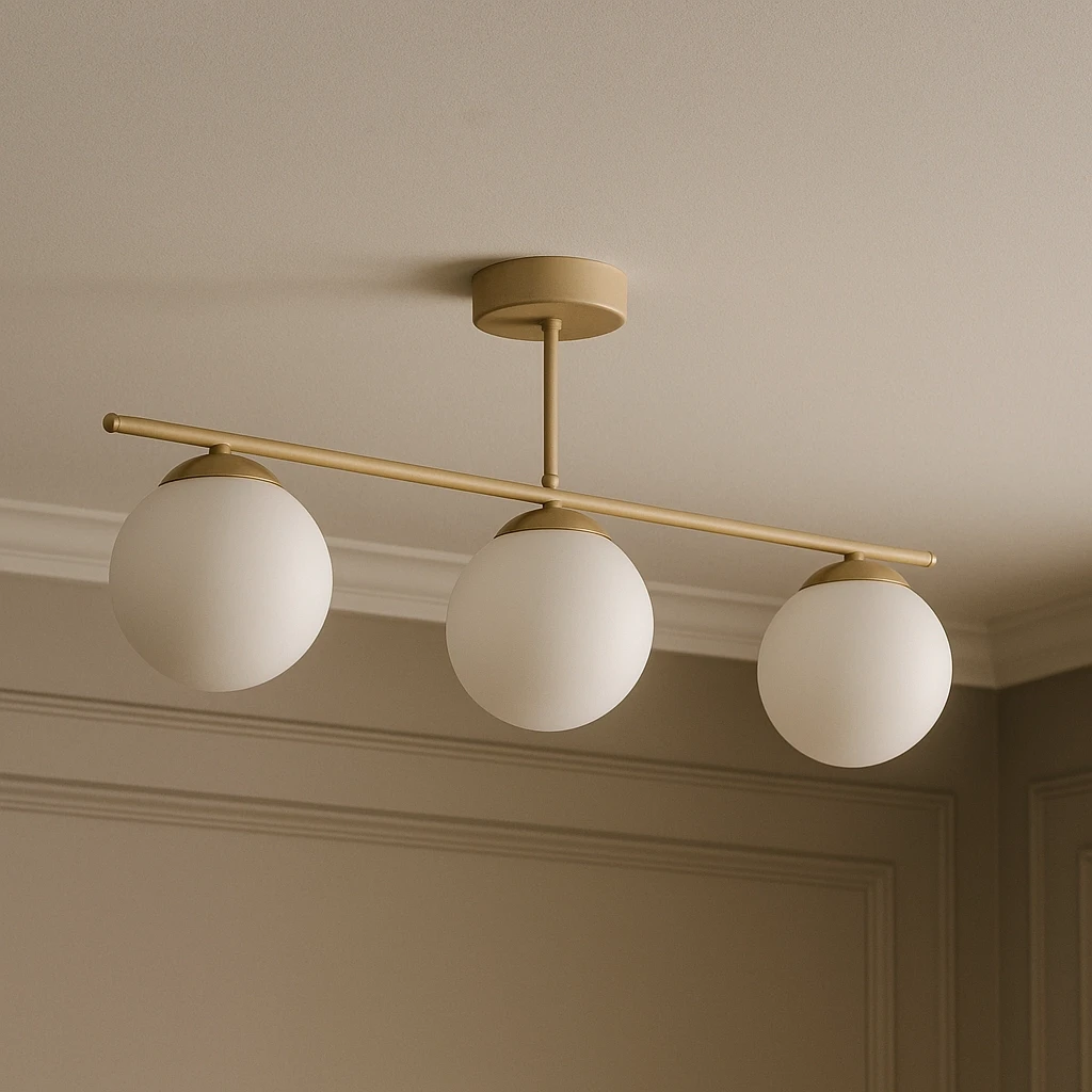 Beżowa lampa sufitowa Savia z trzema kulistymi kloszami w białym kolorze, zawieszona na prostym, metalowym stelażu. Ujęcie frontalne, montaż na suficie, elegancki design idealny do nowoczesnych wnętrz.