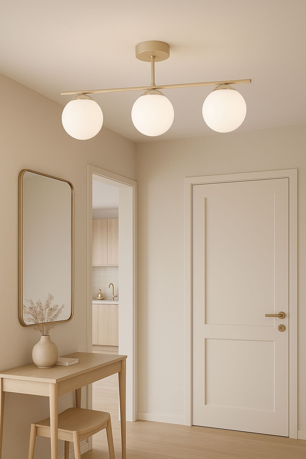 Lampa sufitowa Savia 3xE14 w kolorze beżowym i białym, z trzema okrągłymi kloszami, zamontowana na poziomej listwie, wisząca w jasnym wnętrzu z drewnianym stołem i lustrem.