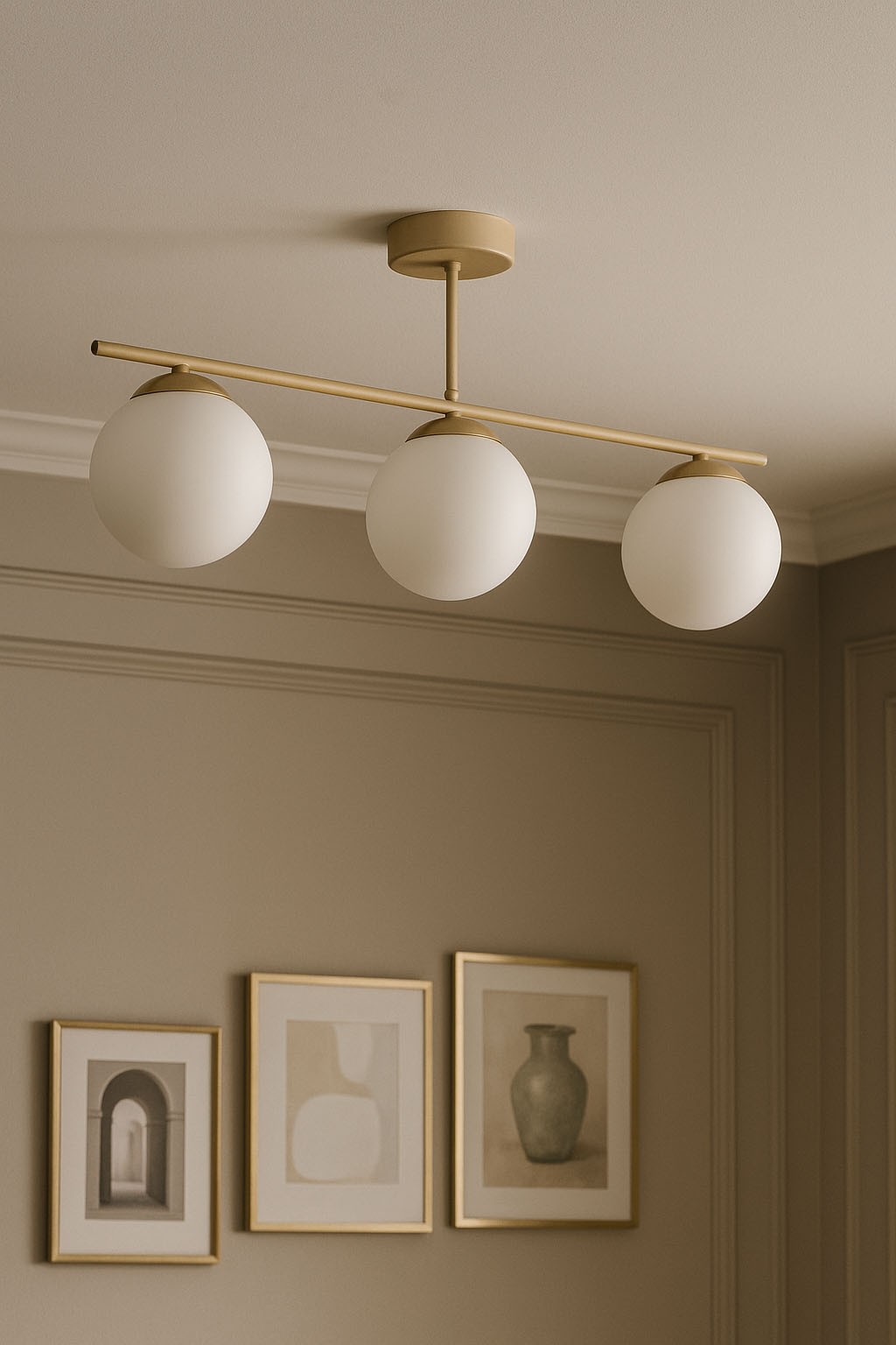 Beżowa lampa sufitowa Savia z trzema białymi kloszami w kształcie kul, zamontowana na złotej metalowej rurze, wisząca w pokoju. Tło w neutralnych odcieniach z obrazami w złotych ramach.