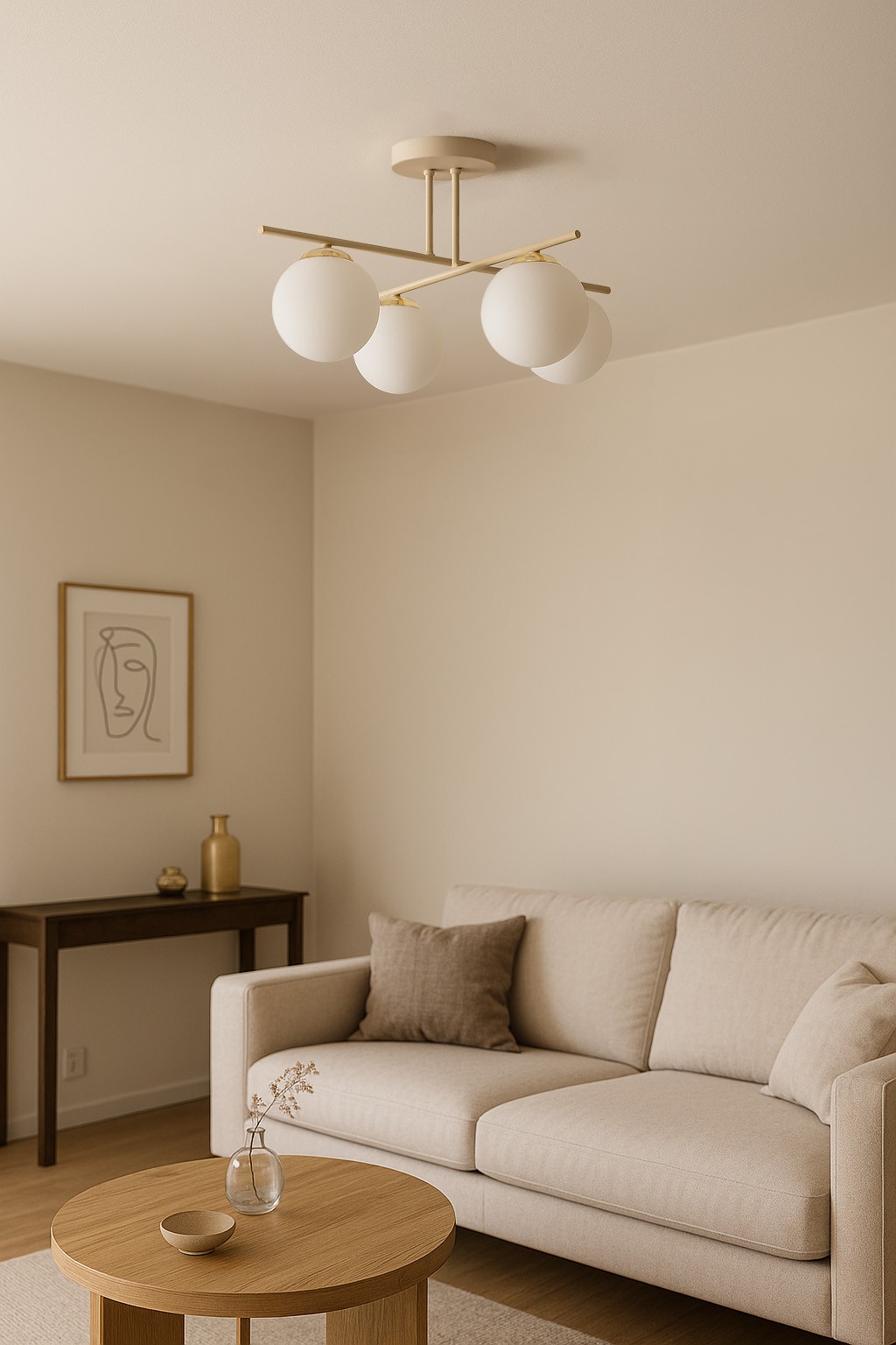 Lampa sufitowa Savia 4xE14 w kolorze beżowym i białym, z czterema okrągłymi kloszami, zawieszona na metalowej konstrukcji. Produkt umieszczony w nowoczesnym wnętrzu, na tle jasnych ścian i mebli.