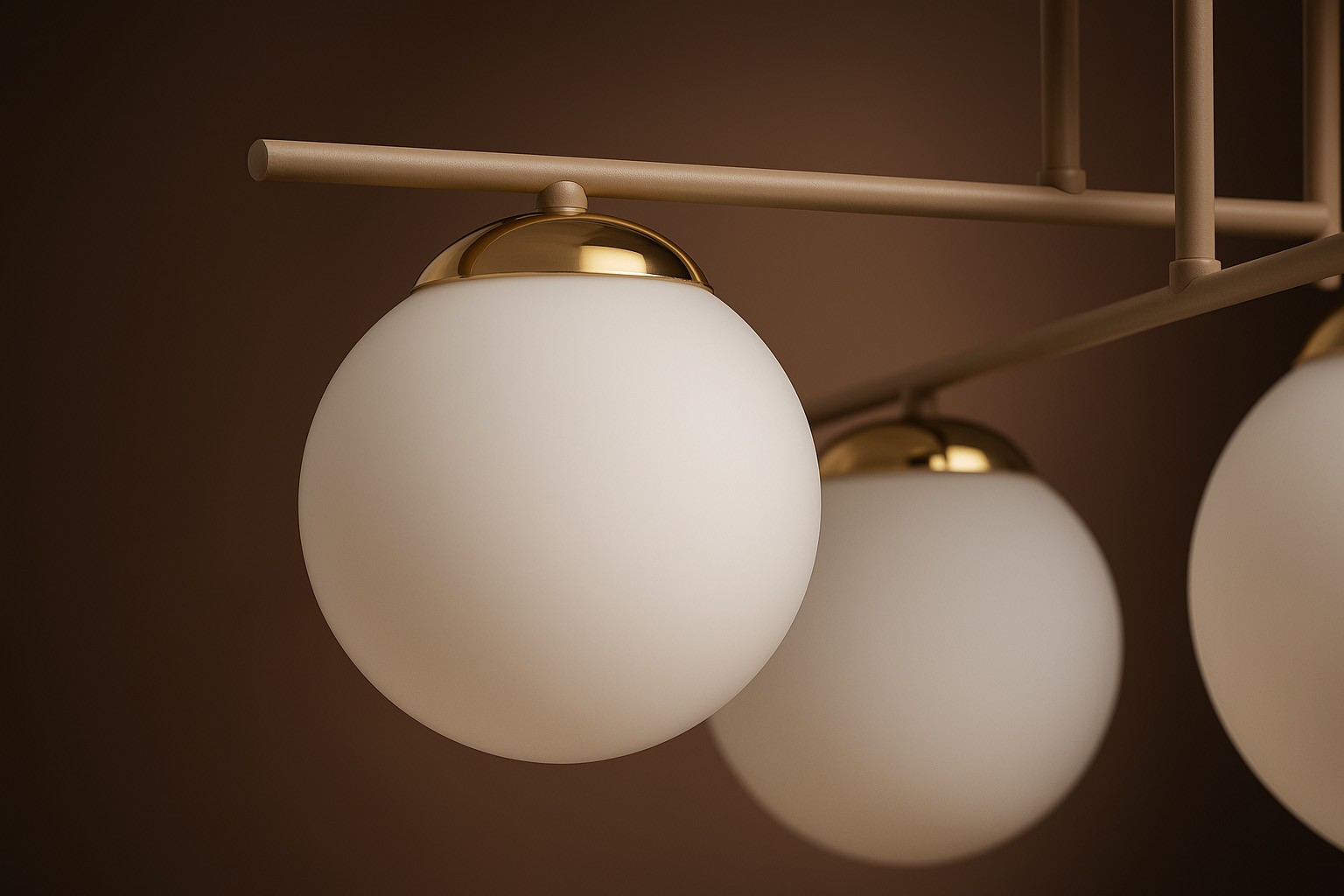 Lampa sufitowa Savia z czterema oprawami E14, beżowa z białymi, matowymi kulami. Ujęcie z boku, na zdjęciu widoczne złote detale przy mocowaniach. Produkt zawieszony na prostym, metalowym stelażu.