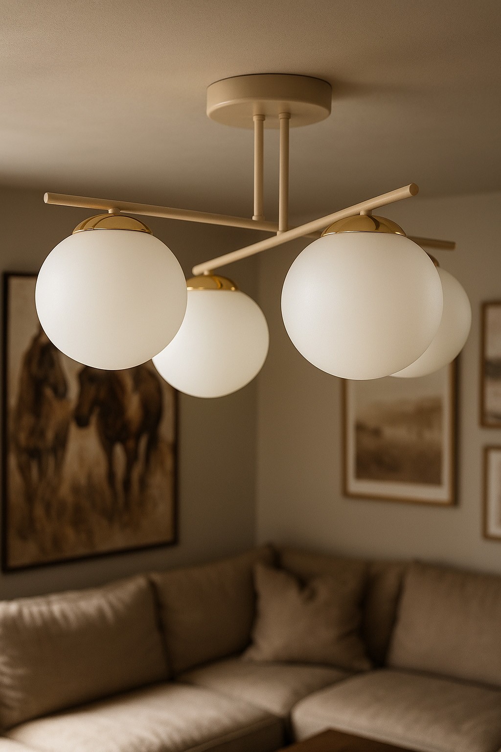 Lampa sufitowa Savia w kolorze beżowym i białym z czterema kulistymi kloszami z matowego szkła. Ujęcie frontalne, lampa zamontowana na suficie, otoczona stonowanym wnętrzem z kanapą i obrazami na ścianach.