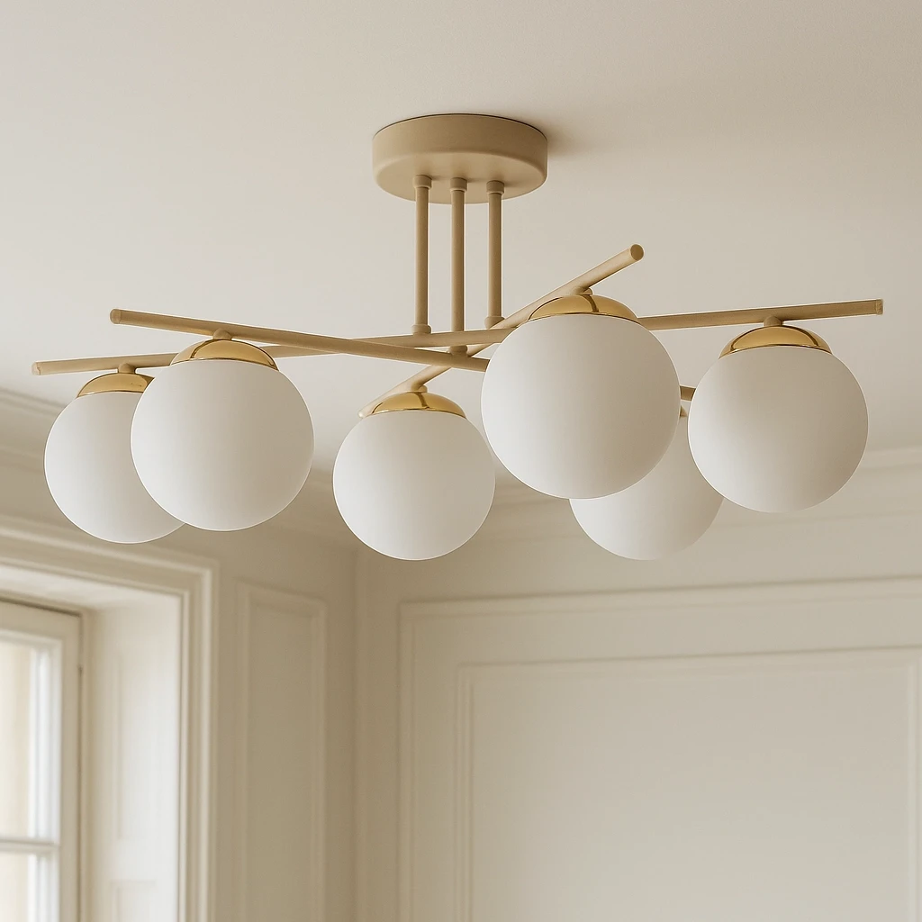 Lampa sufitowa Savia z sześcioma kulistymi kloszami w kolorze białym, umieszczona na beżowej konstrukcji. Klosze z matowego szkła, zawieszone na metalowych ramionach, które rozchodzą się w różnych kierunkach. Montowana do sufitu.