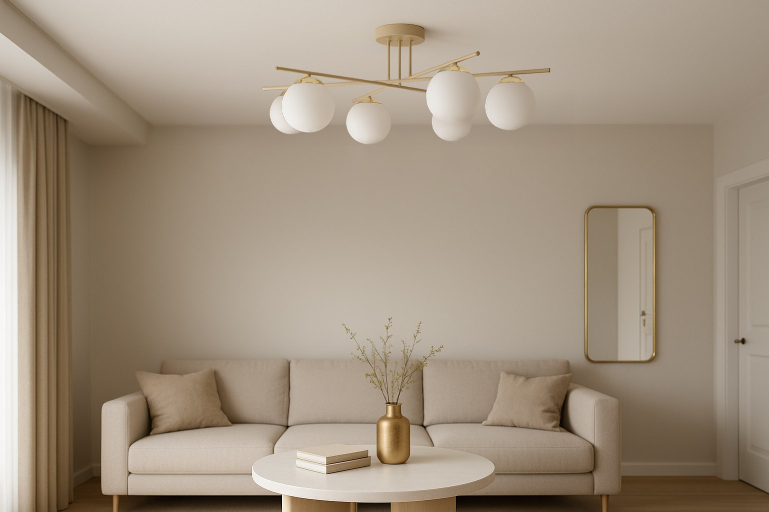 Beżowa lampa sufitowa Savia z sześcioma oprawami E14, z białymi kloszami w kształcie kul, zamontowana na złotej konstrukcji, wisząca w jasnym wnętrzu. W tle widoczna kanapa w neutralnych odcieniach i okrągły stół z dekoracjami.