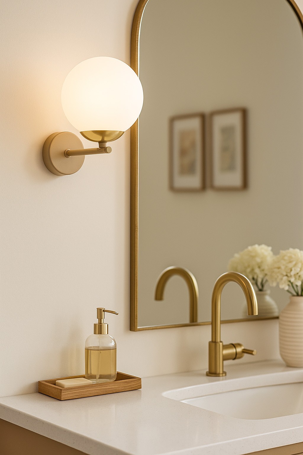 Kinkiet Savia 1xE14 w kolorze beżowym i białym, z okrągłym kloszem, zamontowany na ścianie. Widoczna złota oprawa oraz podświetlenie w tle. Produkt umieszczony obok umywalki, w kontekście łazienki z eleganckim lustrem i akcesoriami.