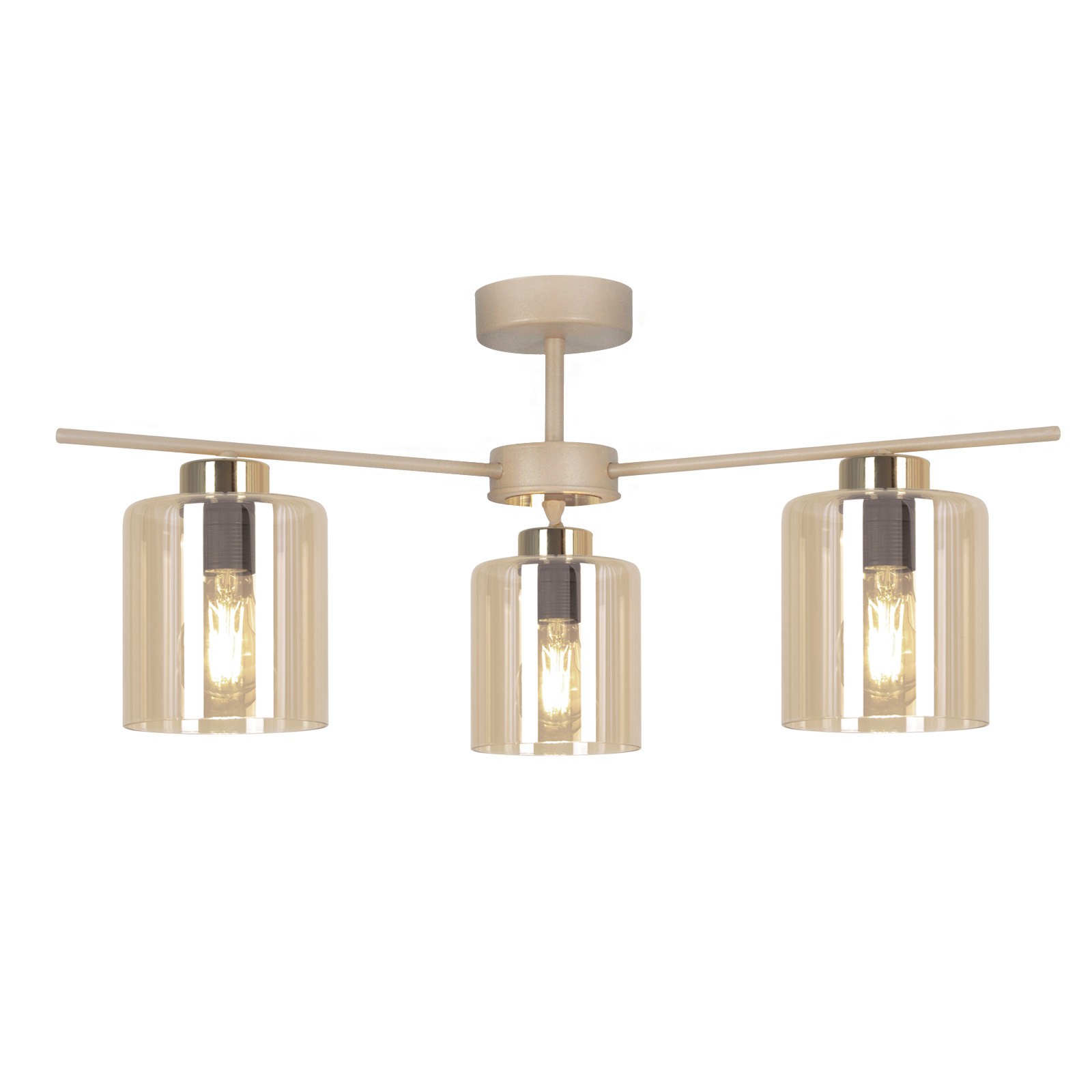 Beżowa lampa sufitowa Vanes z trzema kloszami w bursztynowym kolorze, z metalową konstrukcją. Klosze mają cylindryczny kształt, a źródła światła są widoczne w środku. Lampa montowana do sufitu, prezentowana frontalnie.