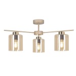 Beżowa lampa sufitowa Vanes z trzema kloszami w bursztynowym kolorze, z metalową konstrukcją. Klosze mają cylindryczny kształt, a źródła światła są widoczne w środku. Lampa montowana do sufitu, prezentowana frontalnie.