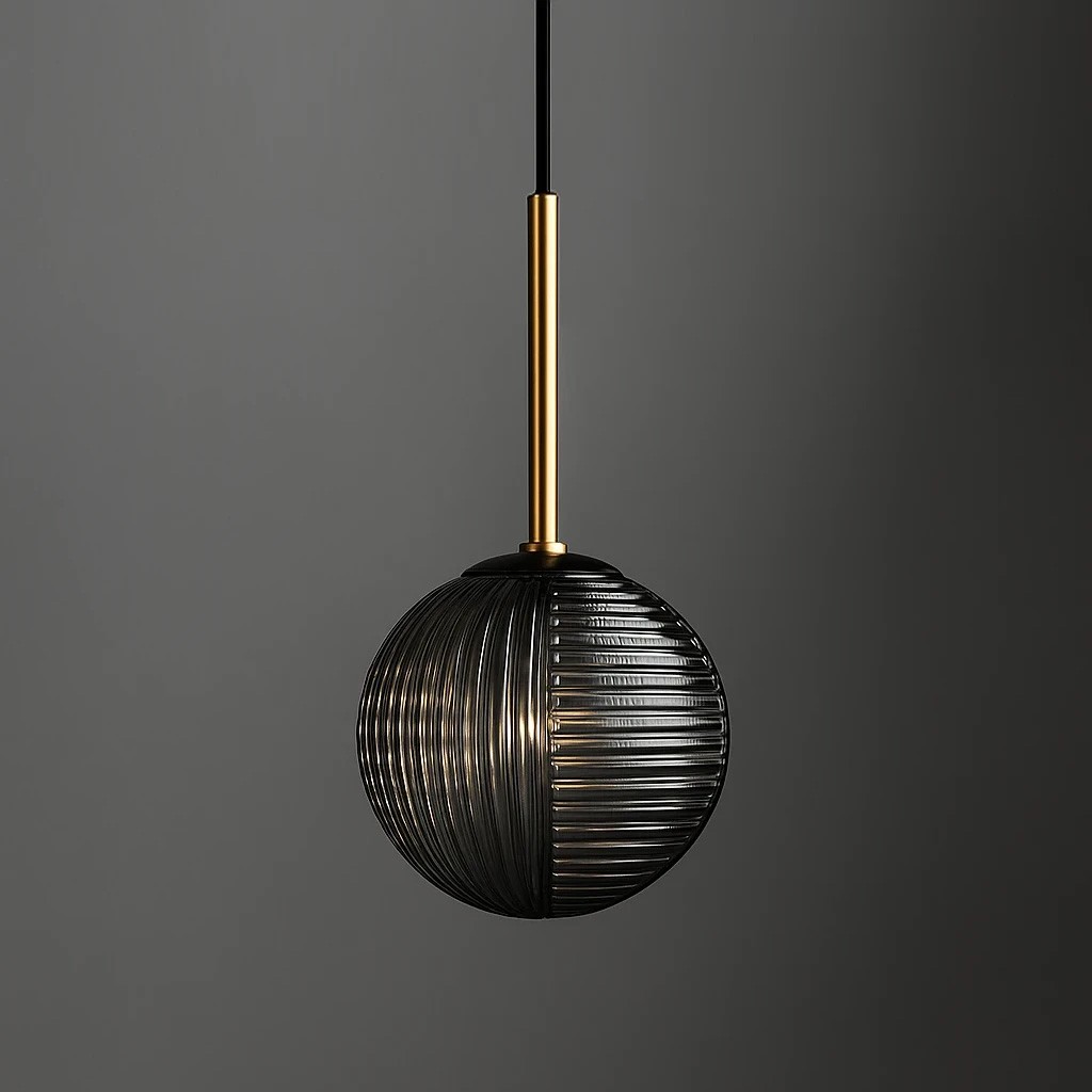Lampa wisząca Fado, 1xG9, o okrągłym kloszu w czarnym i grafitowym kolorze, z fakturą żeberkową. Metalowy uchwyt w kolorze złotym. Zawieszona na cienkim kablu, w zbliżeniu na detal klosza. Tło szare.
