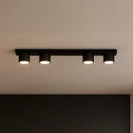 Lampa sufitowa Cruz z czterema punktami świetlnymi GX53, w kolorze czarnym. Ujęcie frontalne, zamontowana na suficie, z cylindrycznymi kloszami emitującymi światło. Prosta, nowoczesna konstrukcja na jednolitym tle.