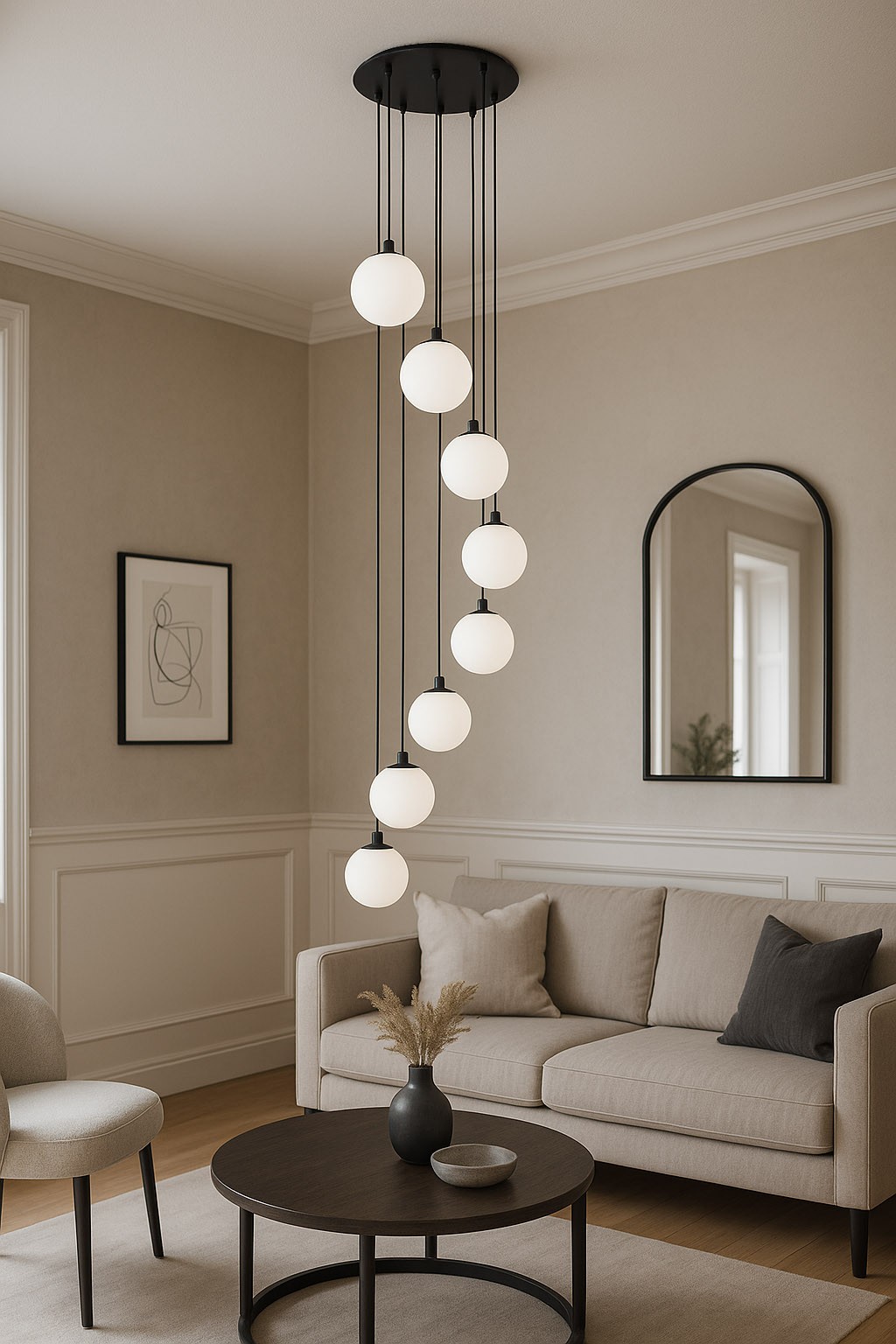 Lampa wisząca Aspen z 8 kulistymi kloszami w kolorze białym, zawieszona na czarnych kablach. Produkt umieszczony w nowoczesnym wnętrzu z jasnymi ścianami, sofą i okrągłym stolikiem. Widoczne detale minimalistycznego designu oraz eleganckie wykończenie.