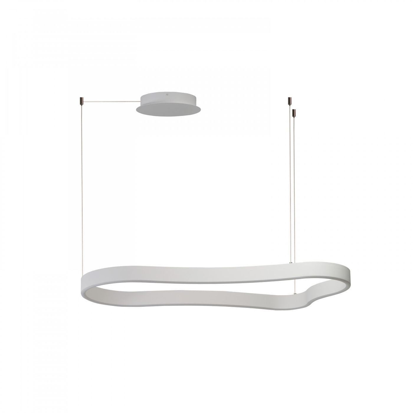 Lampa wisząca LED Mirabella 90, moc 48W, w kolorze białym. Posiada elastyczny, falisty kształt oraz okrągły sufitowy uchwyt. Zawieszona na cienkich linkach, idealna do nowoczesnych wnętrz. Tło białe, co podkreśla minimalistyczny design.