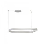 Lampa wisząca LED Mirabella 90, moc 48W, w kolorze białym. Posiada elastyczny, falisty kształt oraz okrągły sufitowy uchwyt. Zawieszona na cienkich linkach, idealna do nowoczesnych wnętrz. Tło białe, co podkreśla minimalistyczny design.