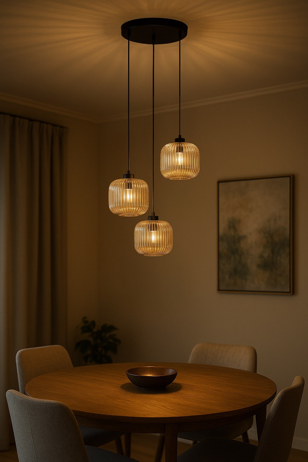 Lampa wisząca Clark z trzema kloszami E27 w kolorze czarnym i bursztynowym. Klosze mają prostokątny kształt z poziomymi żłobieniami. Zawieszona na cienkich linkach, emitują ciepłe światło, tworząc przytulną atmosferę w wnętrzu.