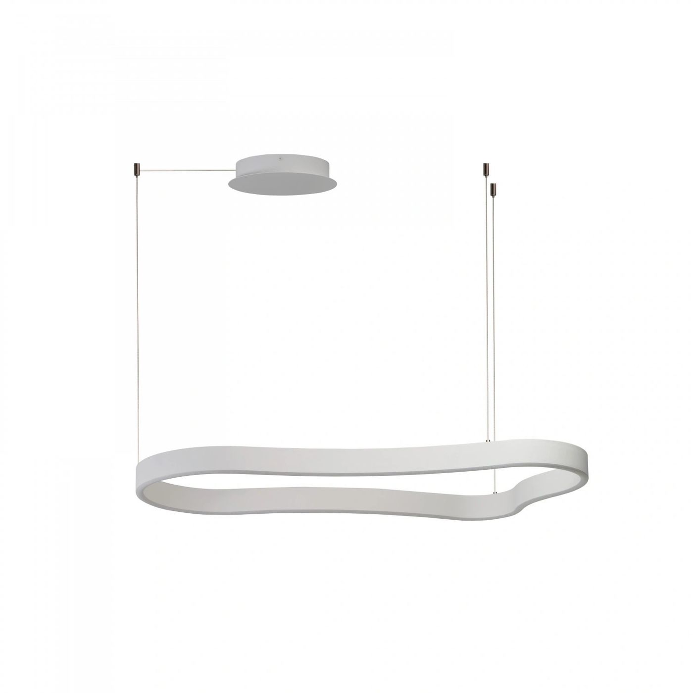 Lampa wisząca LED Mirabella 120, biała, o mocy 60W. Posiada nowoczesny, falisty kształt. Ujęcie z boku, zawieszona na cienkich linkach, z okrągłym, płaskim mocowaniem sufitowym. Tło białe, minimalne.
