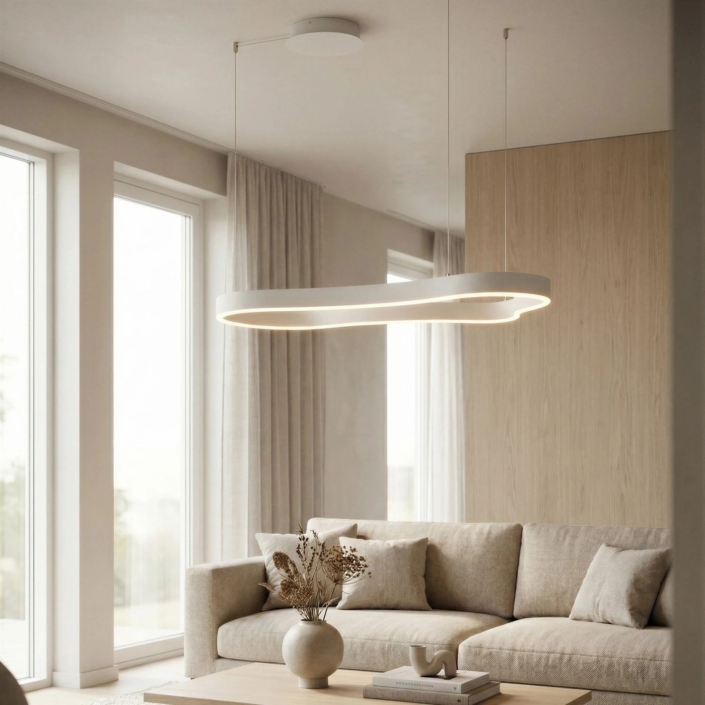 Lampa wisząca LED Mirabella 120 w kolorze białym, o eleganckim, falistym kształcie. Zawieszona na dwóch cienkich linkach, emitująca ciepłe światło. Widoczna w nowoczesnym wnętrzu z jasnymi oknami i minimalistycznym meblem.