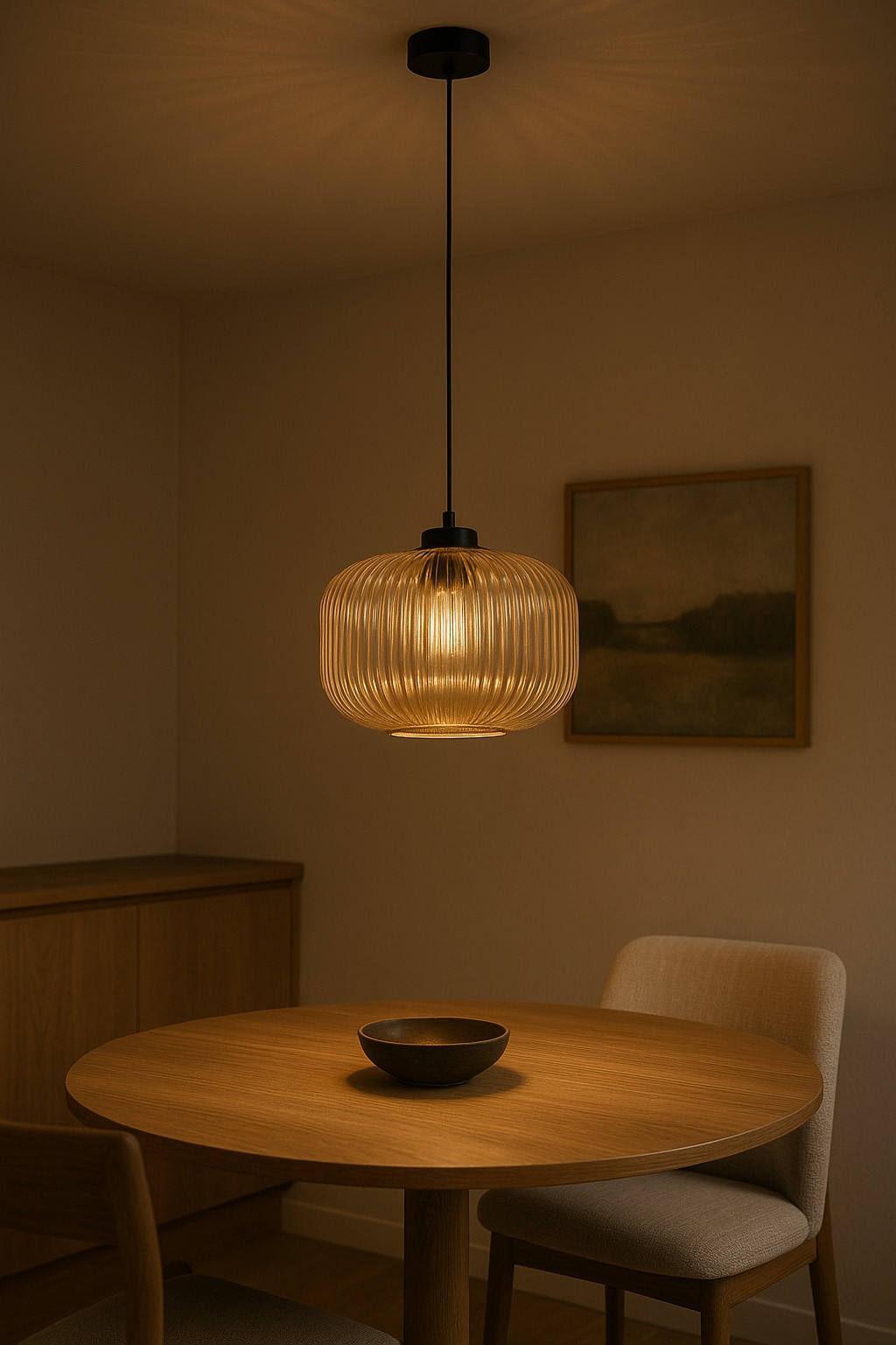 Lampa wisząca Clark D30 z czarnym mocowaniem i bursztynowym, prążkowanym kloszem E27, zawieszona nad okrągłym drewnianym stołem. W tle widoczna komoda i obraz na ścianie, stonowane oświetlenie w ciepłych odcieniach.