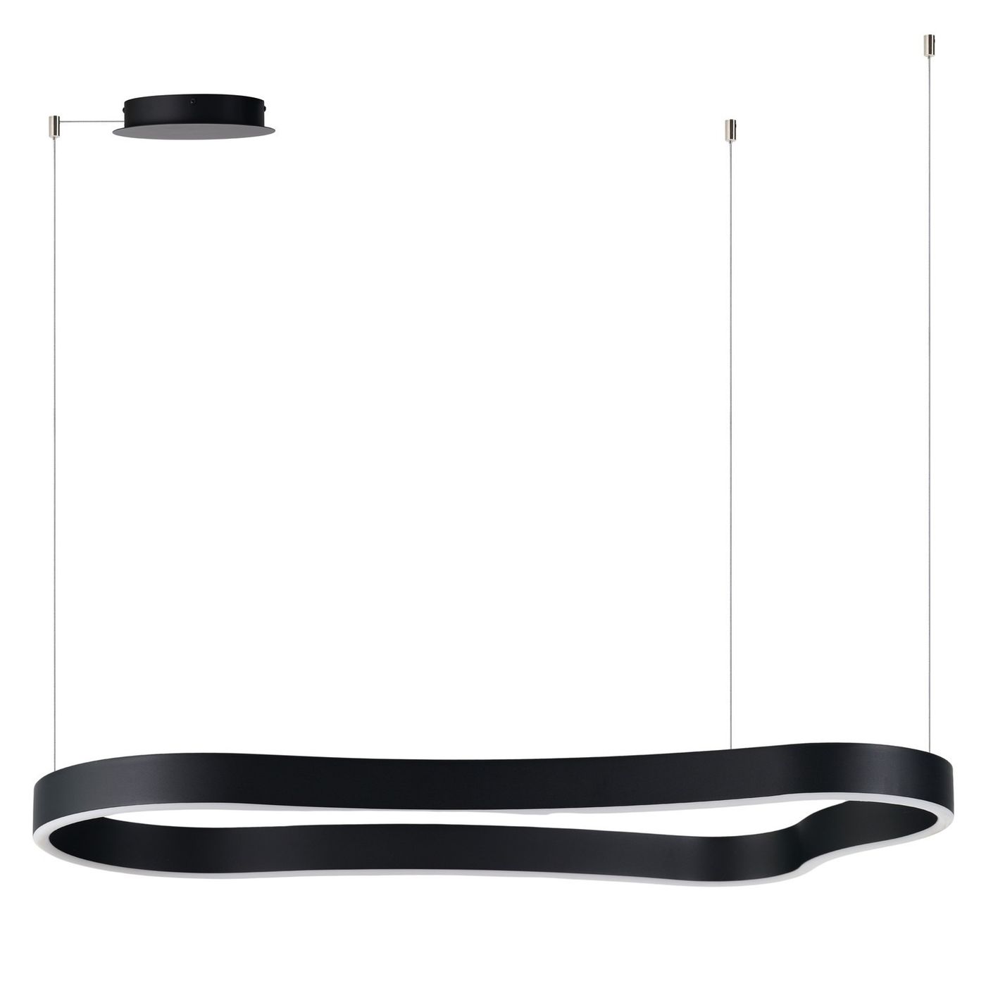 Lampa wisząca LED Mirabella 90 w czarnym kolorze, o mocy 48W, z opływowym kształtem. Zawieszona na cienkich linkach, z okrągłym mocowaniem sufitowym. Idealna do nowoczesnych wnętrz.