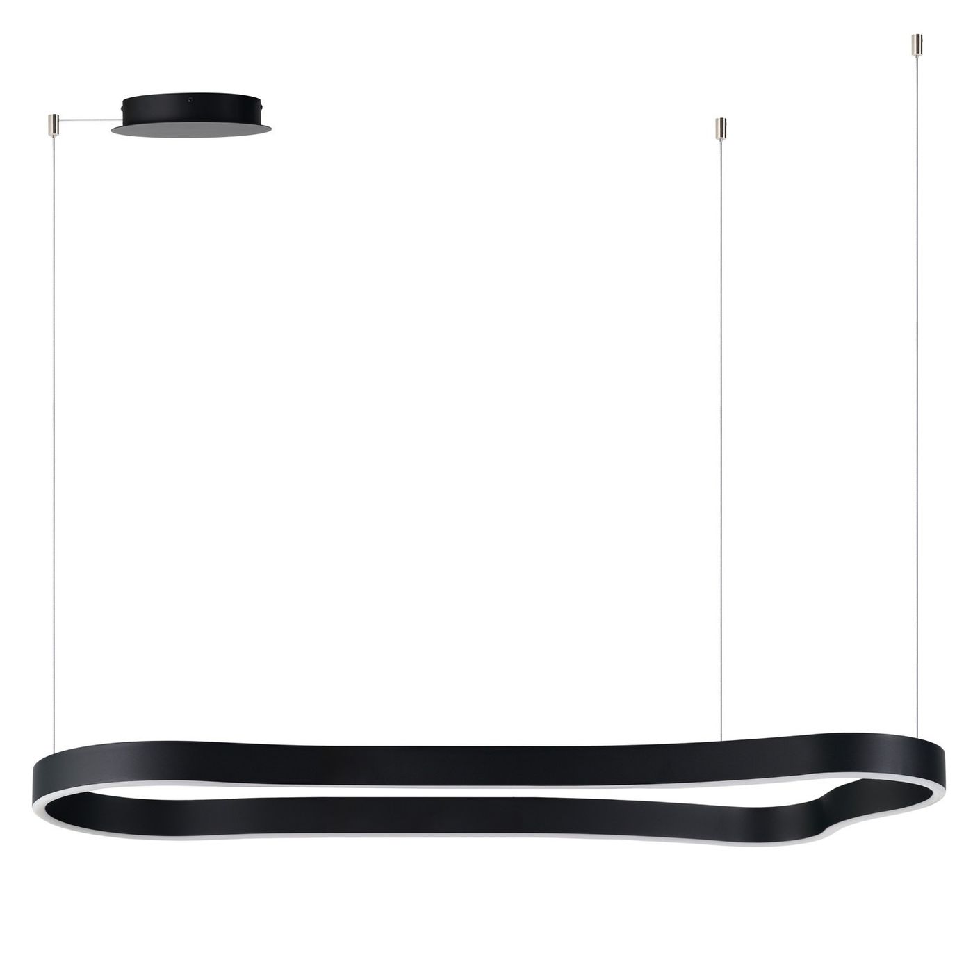 Czarna lampa wisząca Mirabella 120 LED, jedno źródło światła, o opływowym kształcie z delikatnymi zaokrągleniami. Montowana na dwóch cienkich linkach, z okrągłym, płaskim mocowaniem sufitowym.