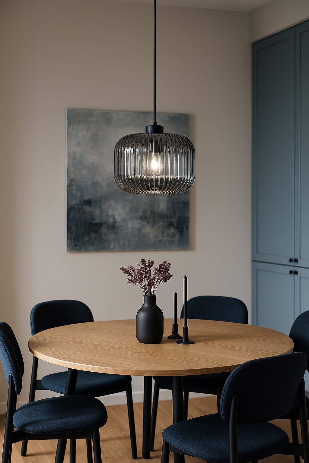 Lampa wisząca Campo D30 w kolorze czarnym i grafitowym z kloszem w formie szklanej kuli o żłobieniach, zawieszona nad okrągłym drewnianym stołem. W tle widoczna ściana z obrazem oraz stylowe krzesła w odcieniu granatowym.