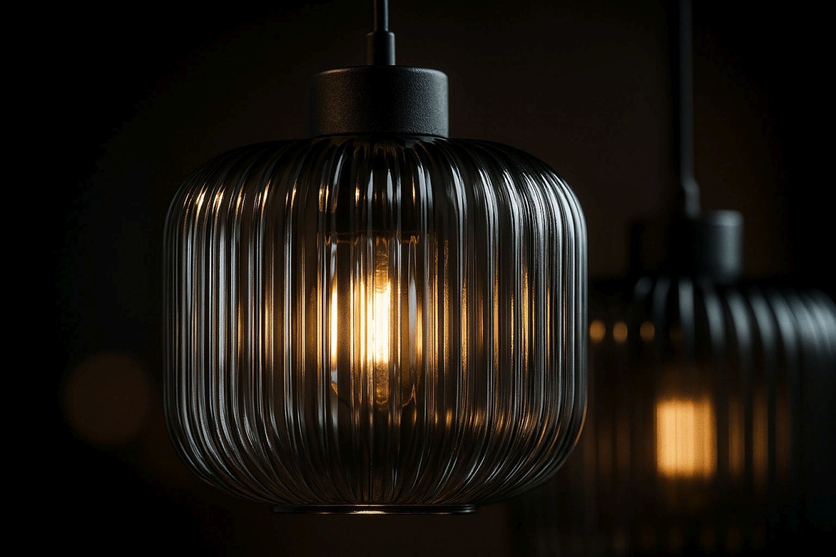 Lampa wisząca Campo z trzema gniazdami E27, w kolorze czarnym i grafitowym. Szklany klosz o żłobionej fakturze, emitujący ciepłe światło. Ujęcie zbliżone na klosz, wiszący w ciemnym tle, podkreślające jego elegancki design.