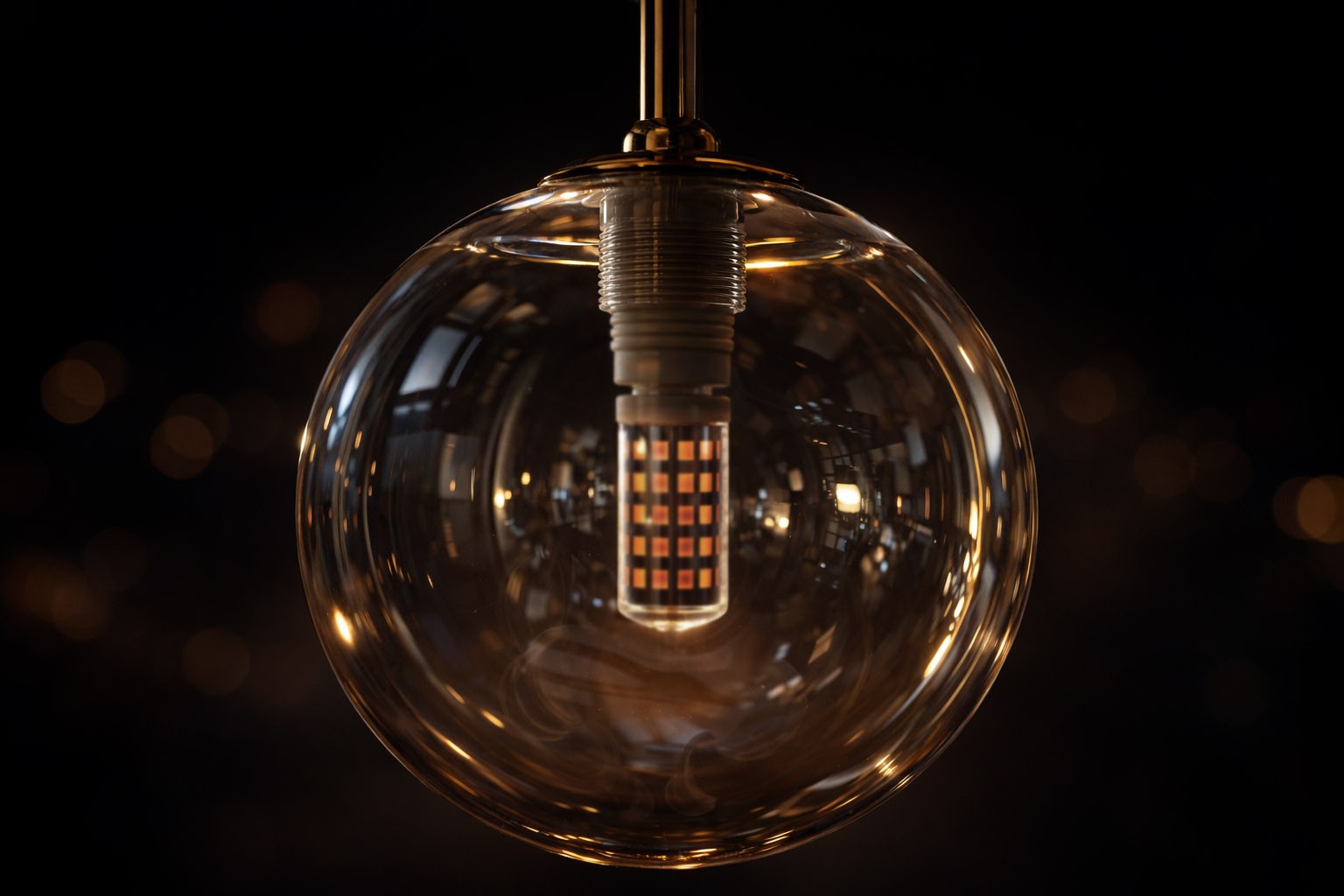 Lampa wisząca Galaxy K-5560 w kolorze czarnym z bursztynowym kloszem. Okrągły, szklany klosz z widoczną żarówką G9. Ujęcie z przodu, zawieszona na metalowej konstrukcji, na ciemnym tle.