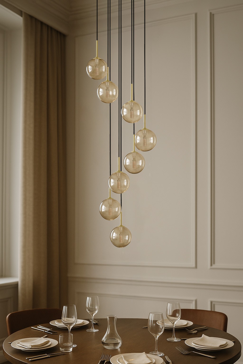 Lampa wisząca Galaxy z ośmioma bursztynowymi kulami na czarnych przewodach, zawieszona nad okrągłym drewnianym stołem, w eleganckim wnętrzu. Kuliste klosze w różnych wysokościach, złote detale, minimalistyczny design.