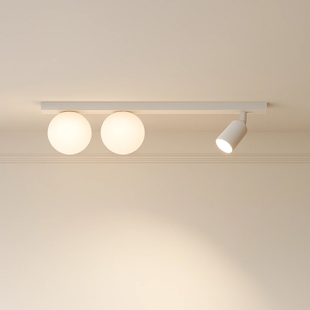 Lampa sufitowa Andi w kolorze białym, składająca się z dwóch okrągłych kloszy oraz jednego reflektora. Zainstalowana na prostokątnej listwie, umieszczona na jasnym tle. Klasyczny design, idealna do nowoczesnych wnętrz.