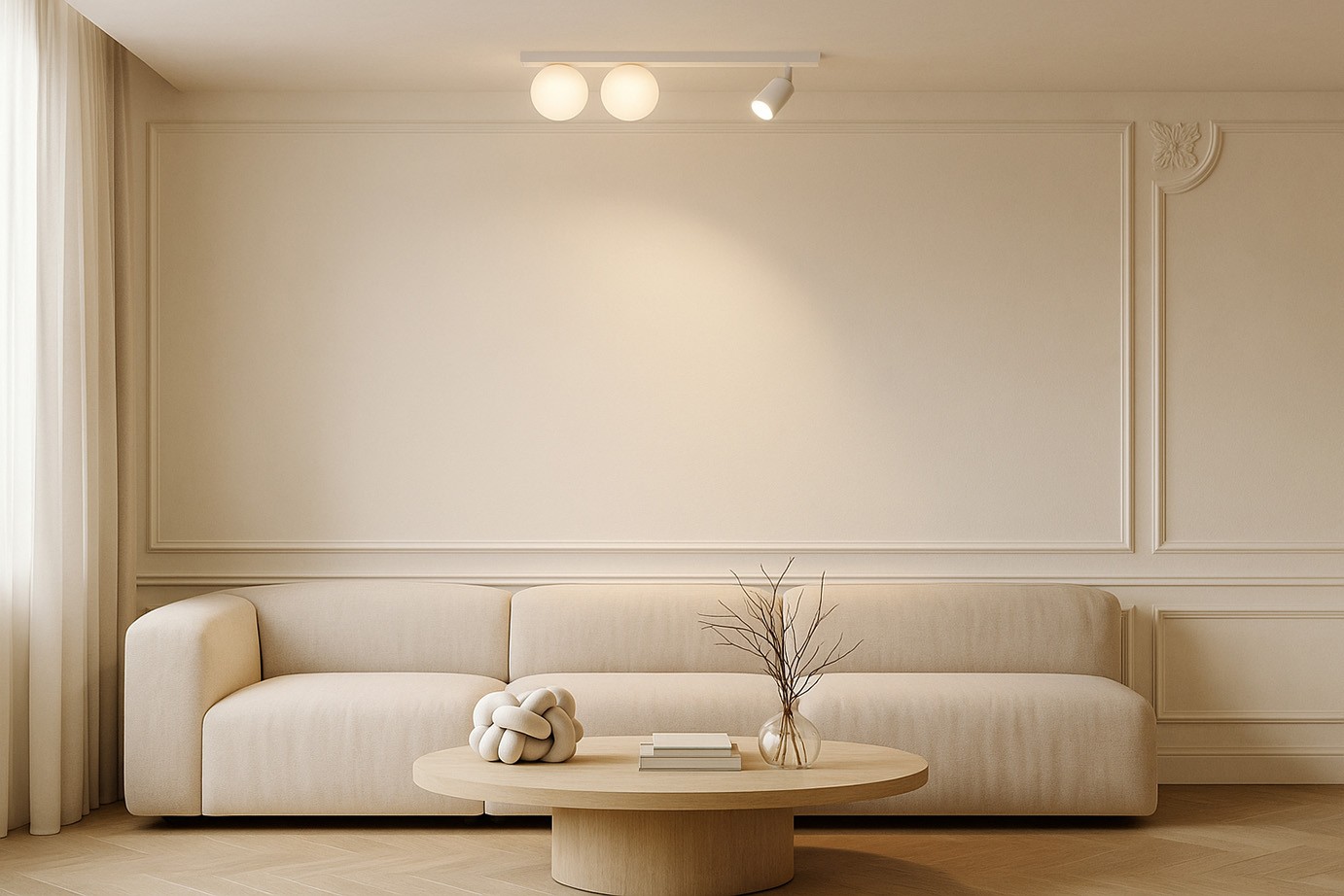 Lampa sufitowa Andi w białym kolorze z jednym źródłem światła GU10 i dwoma G9, zamontowana na prostokątnej listwie. Ujęcie z góry, w tle jasne, minimalistyczne wnętrze z jasną sofą i okrągłym stołem.