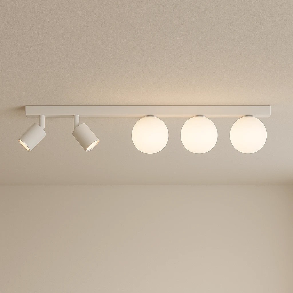 Biała lampa sufitowa Andi z metalowym stelażem, składająca się z dwóch reflektorów GU10 i trzech kulistych kloszy G9. Ujęcie z góry, zamontowana na suficie, z prostym tłem w neutralnym kolorze.