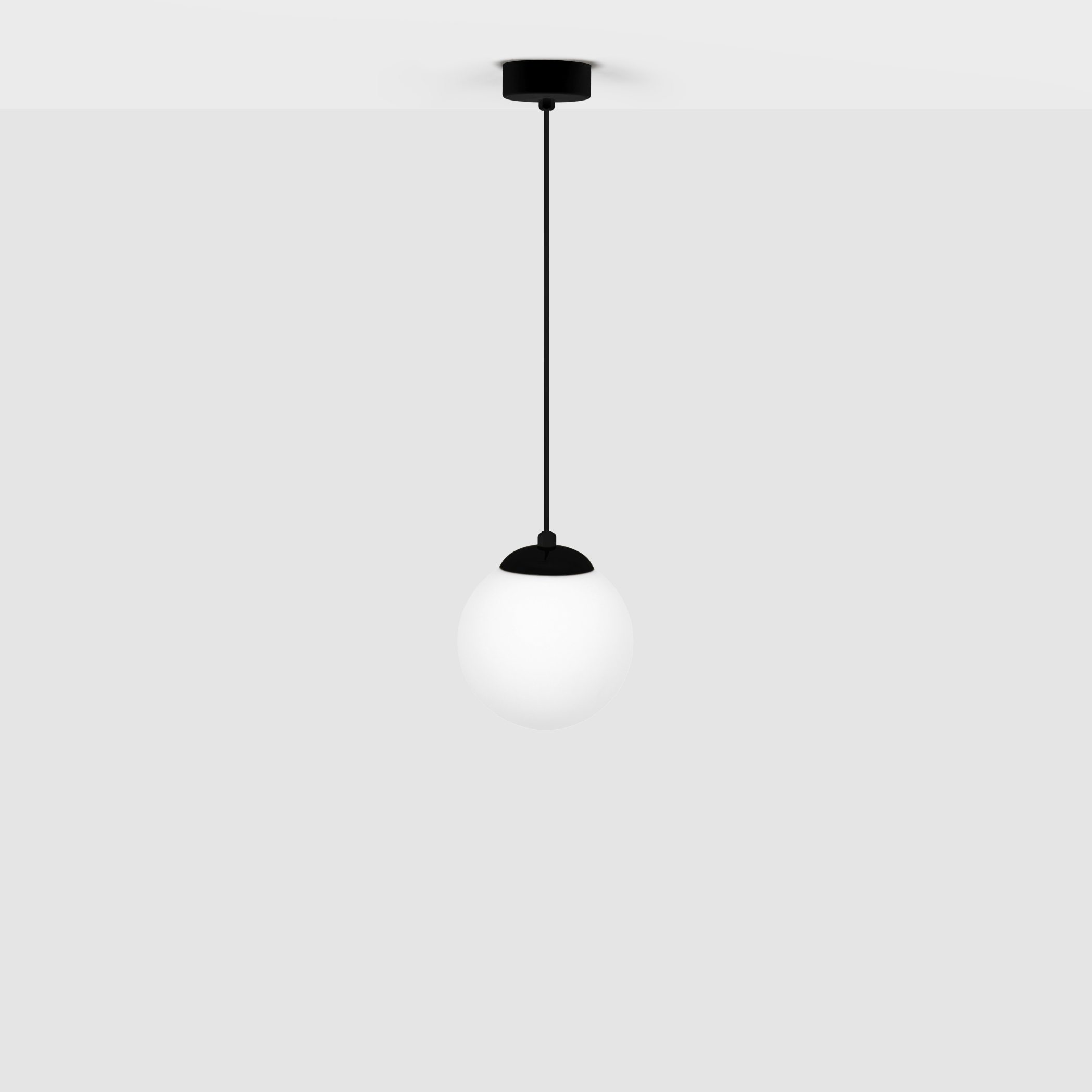 Czarna lampa wisząca Savoy D14 z białym, okrągłym kloszem. Produkt zawieszony na cienkim, czarnym przewodzie, montowany do sufitu. Tło w jasnoszarym kolorze, podkreślające minimalistyczny design.