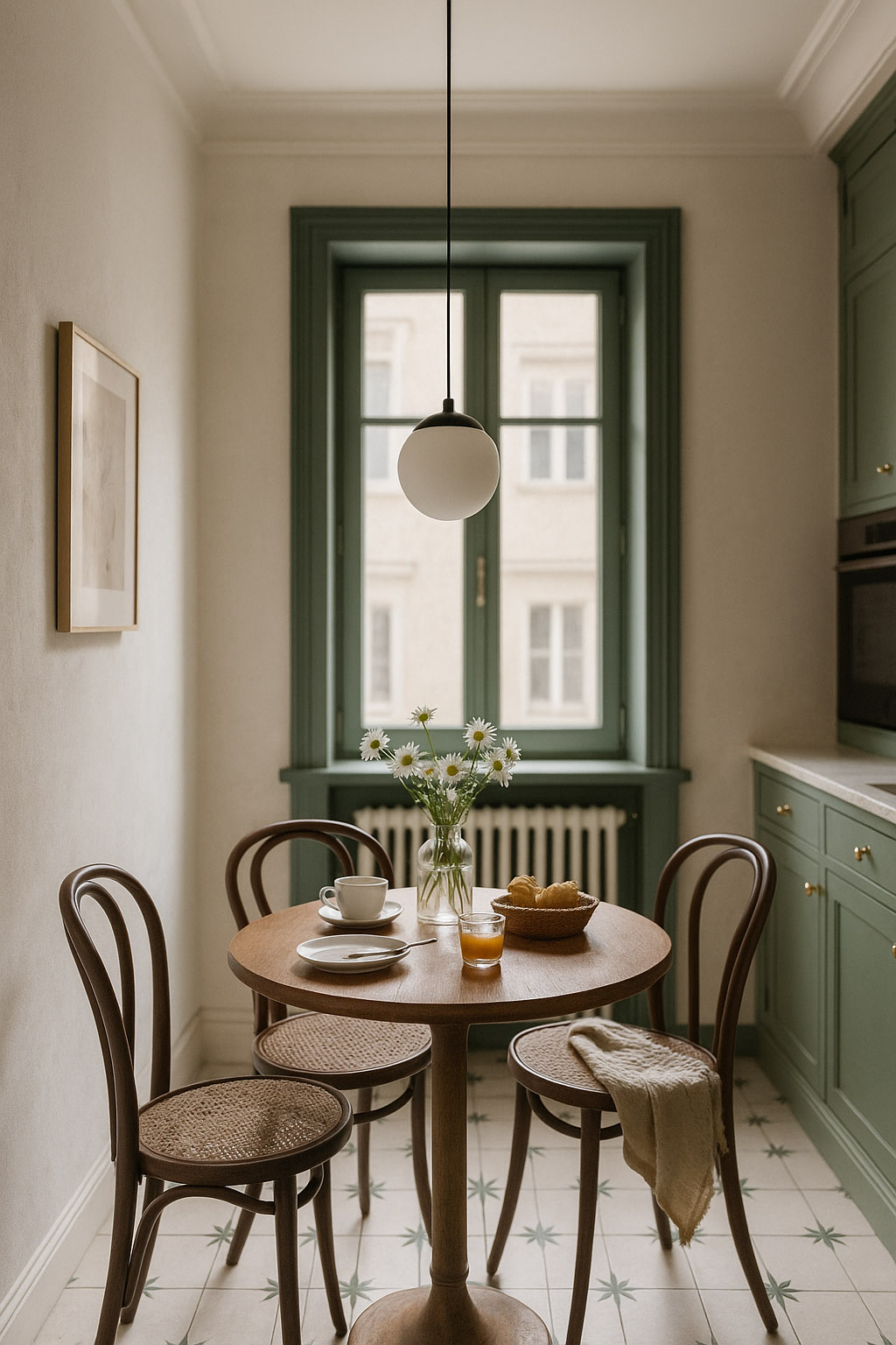Lampa wisząca Savoy D14 w kolorze czarnym, z okrągłym kloszem w białym kolorze, zawieszona w kuchni nad okrągłym drewnianym stołem. W tle zielone okna i dekoracje, stół nakryty filiżanką, talerzem, sokiem i bukietem kwiatów.