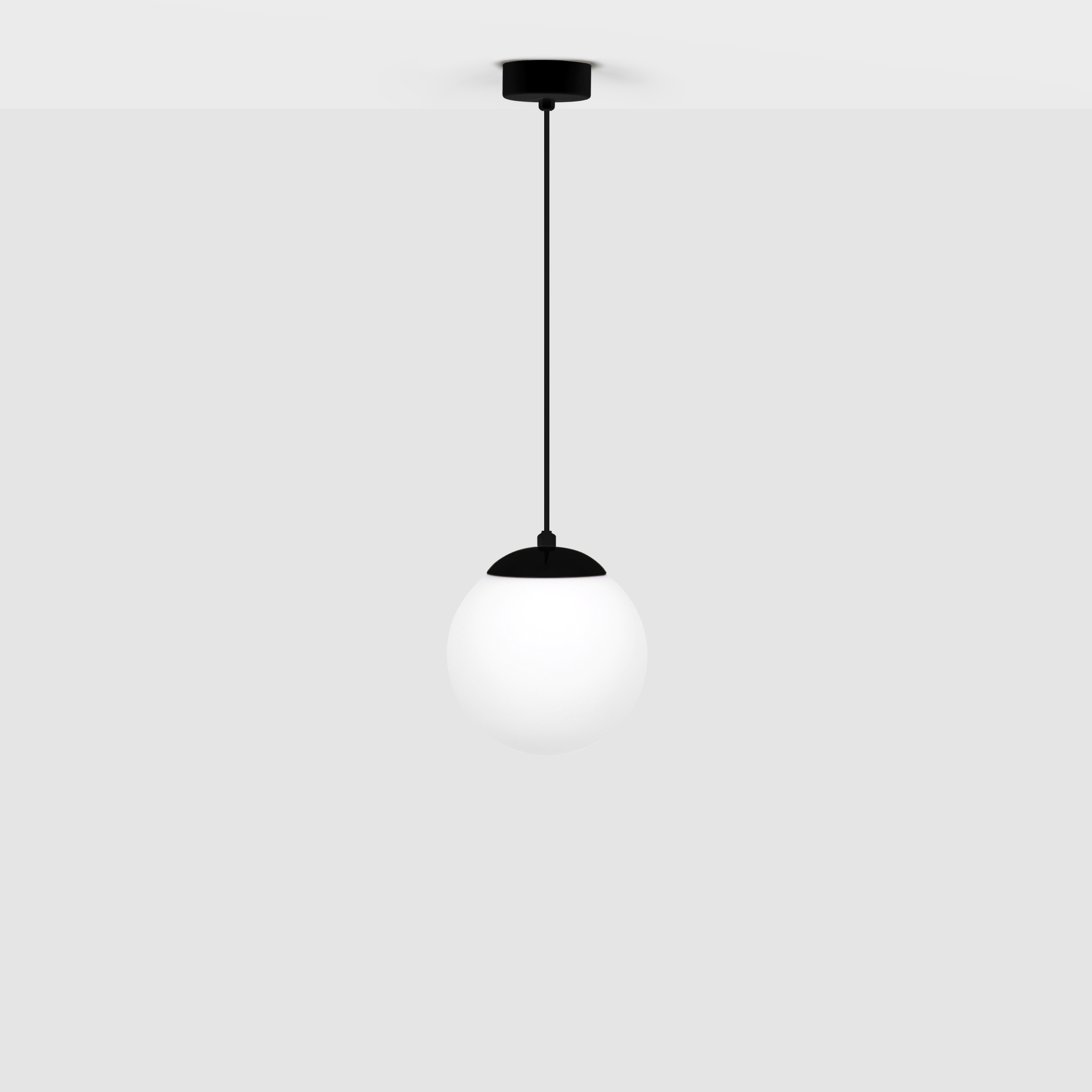 Lampa wisząca Savoy D16 w czarnym kolorze z okrągłym kloszem z białego szkła. Zawieszona na długim czarnym przewodzie, z metalowym mocowaniem do sufitu. Minimalistyczny design, idealna do nowoczesnych wnętrz.