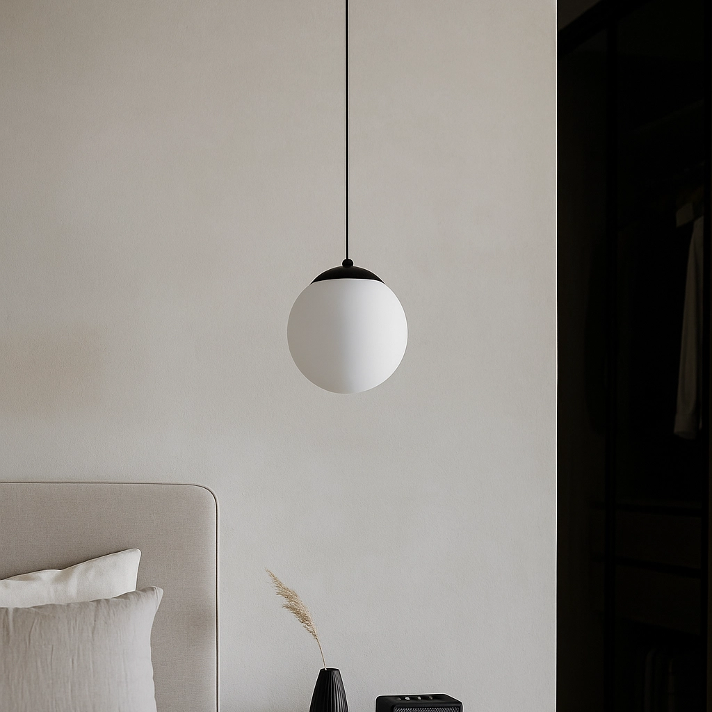 Czarna lampa wisząca Savoy D16 z białym, okrągłym kloszem, zawieszona na długim przewodzie. Klosz ma matową powierzchnię, a lampa znajduje się w jasnym wnętrzu, nad łóżkiem z jasną pościelą i dekoracjami.