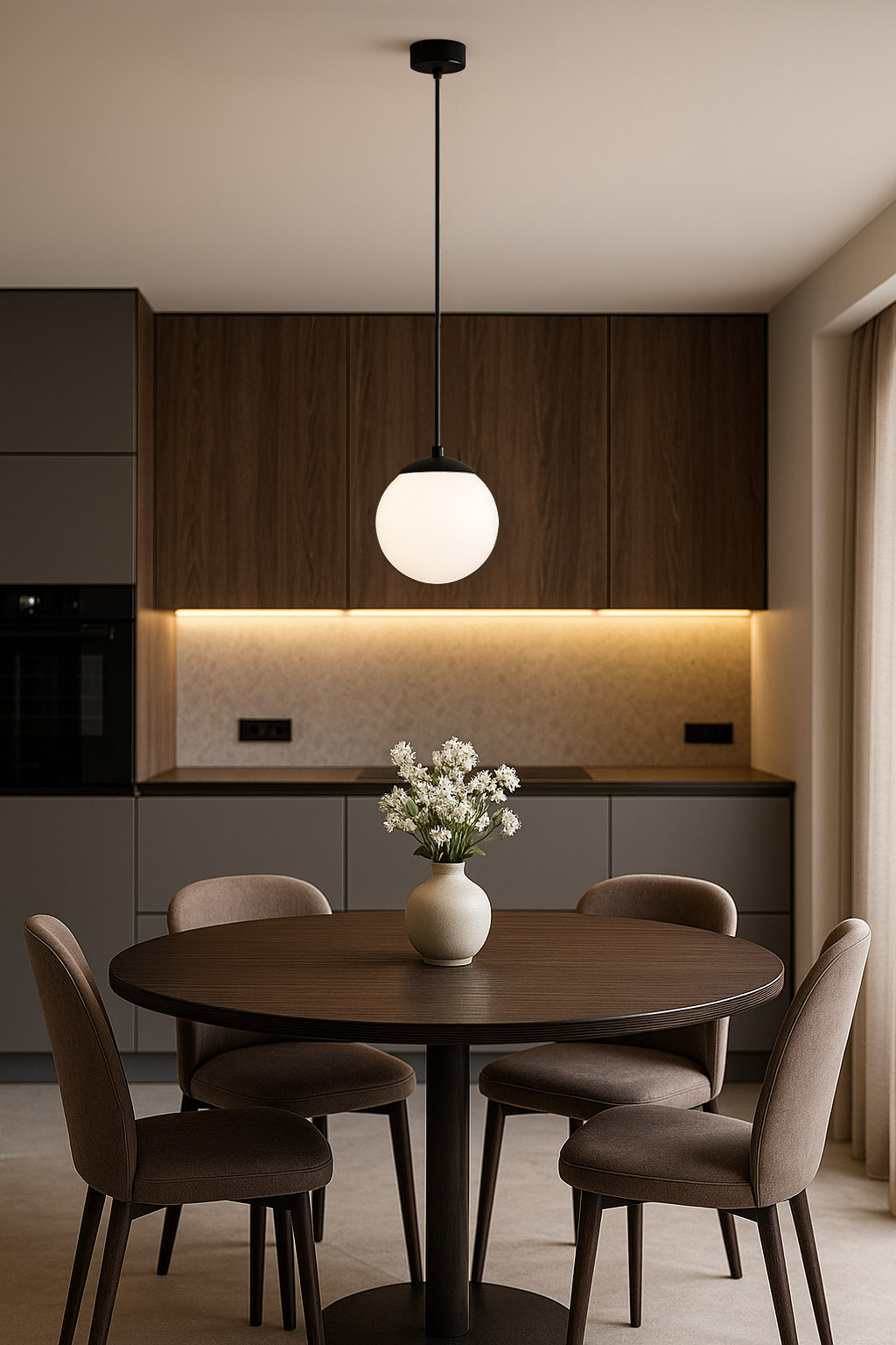 Lampa wisząca Savoy D16 w kolorze czarnym z białym, okrągłym kloszem, zawieszona na cienkim przewodzie. Produkt umieszczony w nowoczesnej kuchni, nad okrągłym stołem z brązowego drewna, otoczony czterema tapicerowanymi krzesłami.