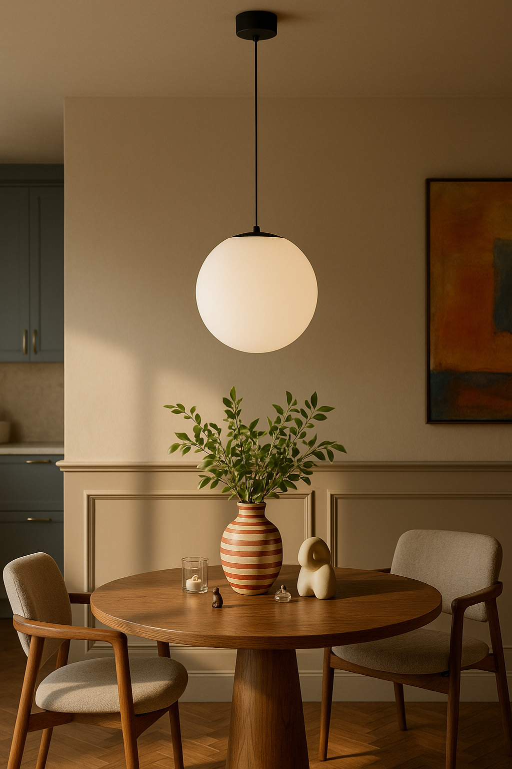Lampa wisząca Savoy D30 w kolorze czarnym z okrągłym, mlecznym kloszem, zawieszona na cienkim przewodzie. Ujęcie frontalne, z lampą w centralnej części nad okrągłym drewnianym stołem, w otoczeniu dekoracyjnych elementów.