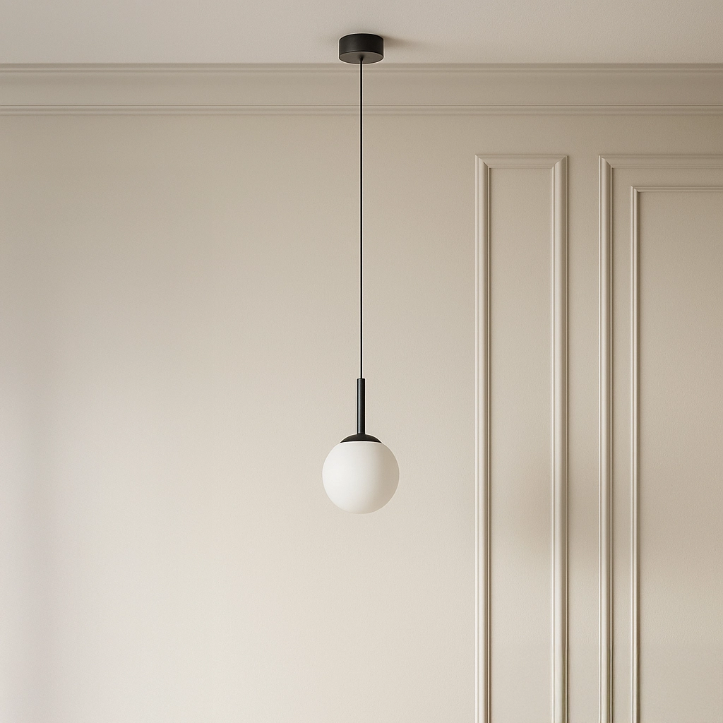 Lampa wisząca Faro D14 w kolorze czarnym z białym, okrągłym kloszem, zawieszona na cienkim przewodzie. Widok z dołu, na tle jasnej ściany z dekoracyjnymi panelami.