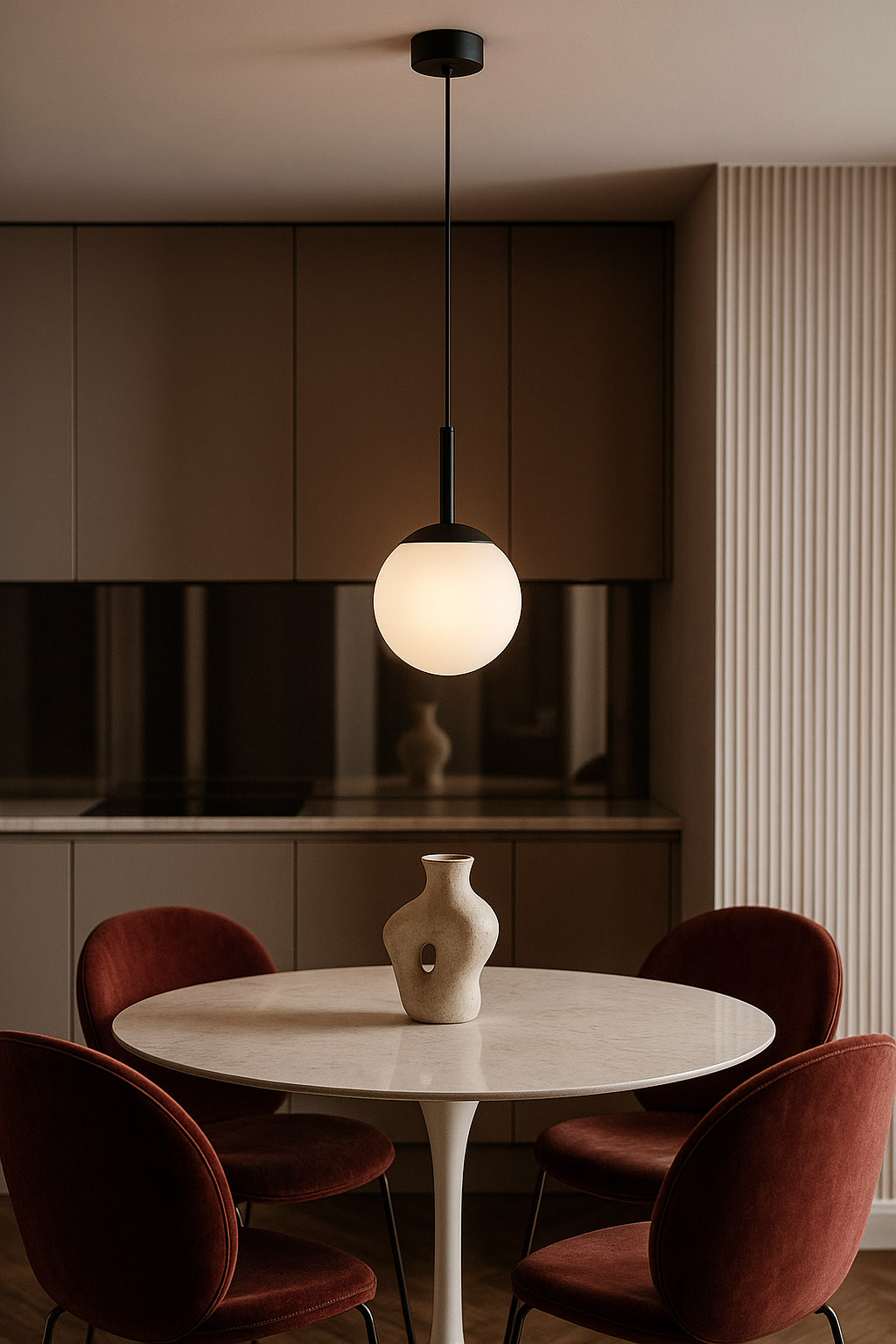 Lampa wisząca Faro D16 w kolorze czarnym, z okrągłym, mlecznym kloszem, zawieszona na długim kablu. Widoczna w nowoczesnej aranżacji kuchennej nad okrągłym stołem, z czerwonymi krzesłami i dekoracyjnym wazonem.