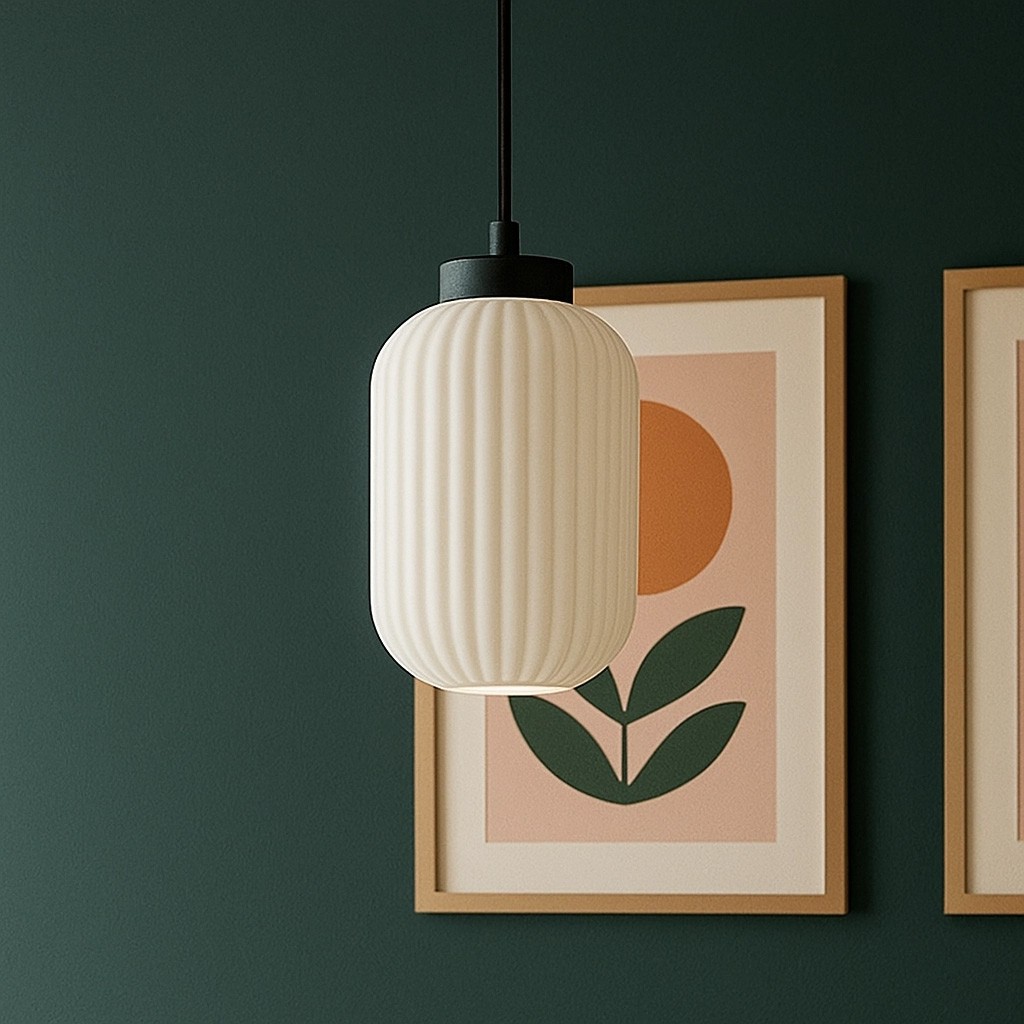 Lampa wisząca Vilar D14 z kloszem w odcieniu białym, o teksturowanej, żebrowanej powierzchni, zawieszona na czarnym przewodzie. W tle widoczne kolorowe grafiki na ścianie.