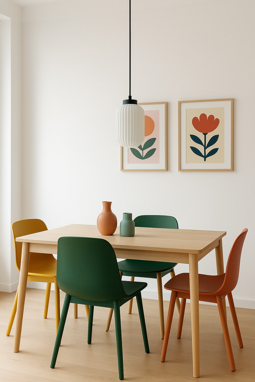 Lampa wisząca Vilar D14 w kolorze czarnym z białym kloszem, zawieszona nad drewnianym stołem. W tle widoczne kolorowe wazony oraz obrazy z graficznymi motywami roślinnymi na jasnej ścianie. Klosz ma żebrowaną fakturę.