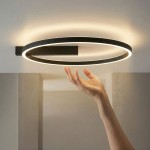 Czarna lampa sufitowa Arte z dwoma źródłami LED 50W CCT, w kształcie okręgu. Zawieszona na ścianie, emitująca miękkie światło. Widoczna dłoń zbliżająca się do lampy, co podkreśla jej nowoczesny design.