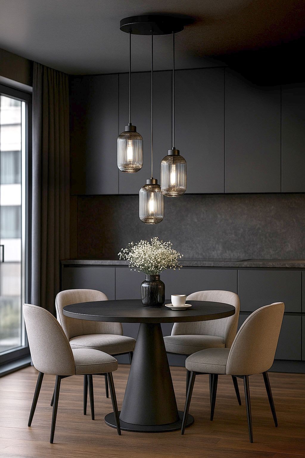 Lampa wisząca Silva 3xE27 w kolorze czarnym i grafitowym, z trzema szklanymi kloszami w poziome paski, zawieszona na cienkich linkach. Umieszczona nad okrągłym stołem w nowoczesnej kuchni z ciemnymi meblami. W tle widoczna doniczka z kwiatami.