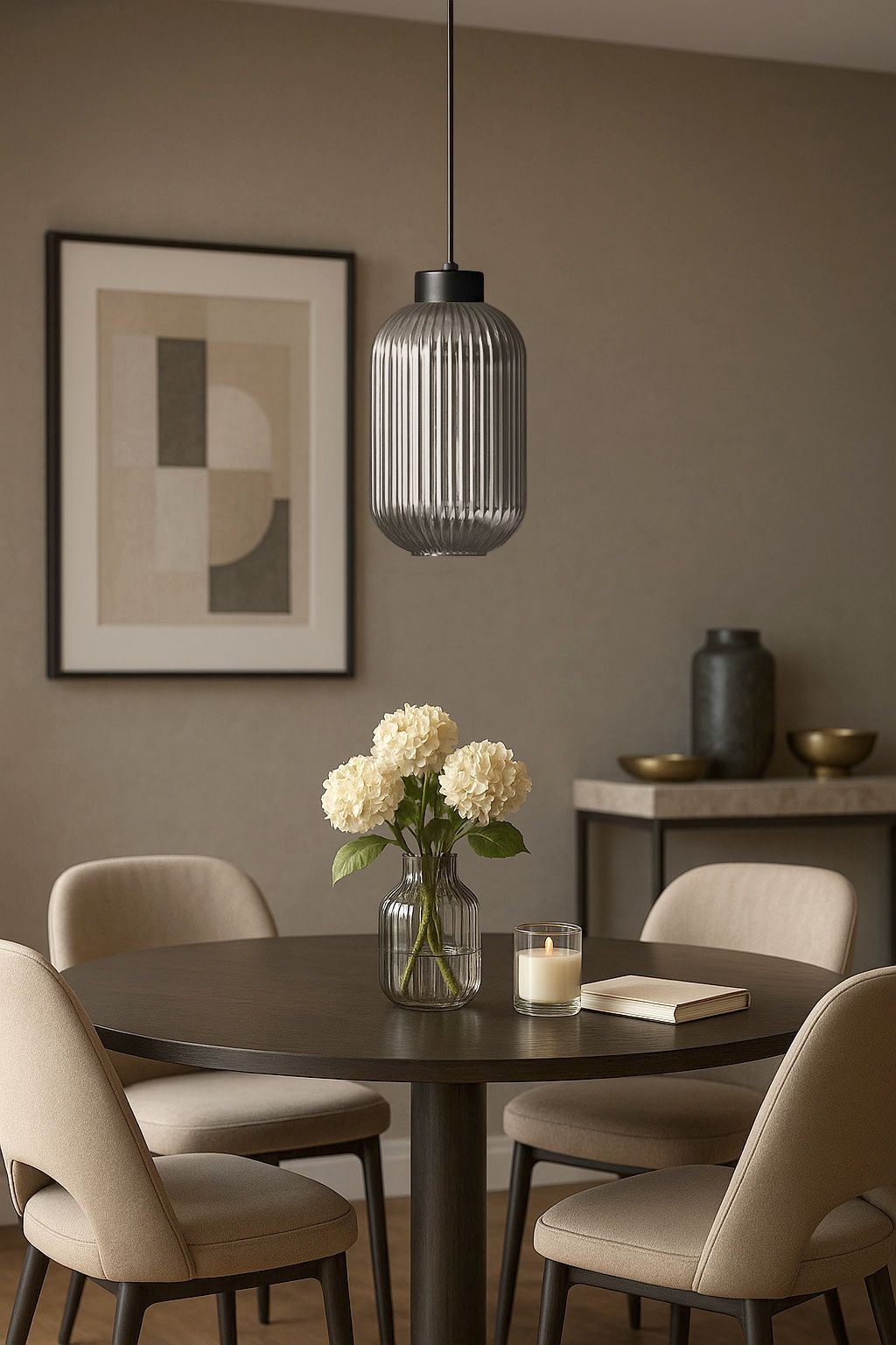 Lampa wisząca Silva D14 z czarnym metalowym mocowaniem i grafitowym, żebrowanym kloszem. Zawieszona nad okrągłym stołem, w otoczeniu jasnych krzeseł i dekoracji, tworzy elegancką aranżację wnętrza.
