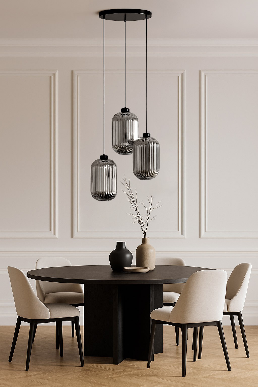 Lampa wisząca Silva 3xE27 w kolorze czarnym i grafitowym, z trzema cylindrycznymi kloszami o żłobionej powierzchni. Zawieszona na długich czarnych linkach, umieszczona nad okrągłym, ciemnym stołem w nowoczesnym wnętrzu z jasnymi krzesłami.