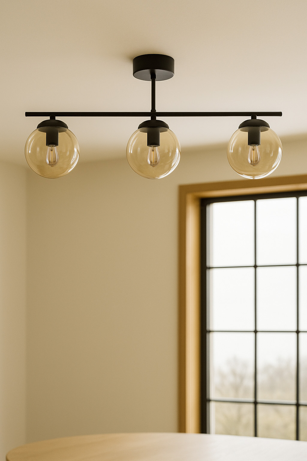 Lampa sufitowa Delta z trzema żarówkami E14, w kolorze czarnym i bursztynowym. Ujęcie z dołu, prezentuje okrągłe, przezroczyste klosze na metalowym stelażu. Tło jasne, z oknem w stylu industrialnym w tle.