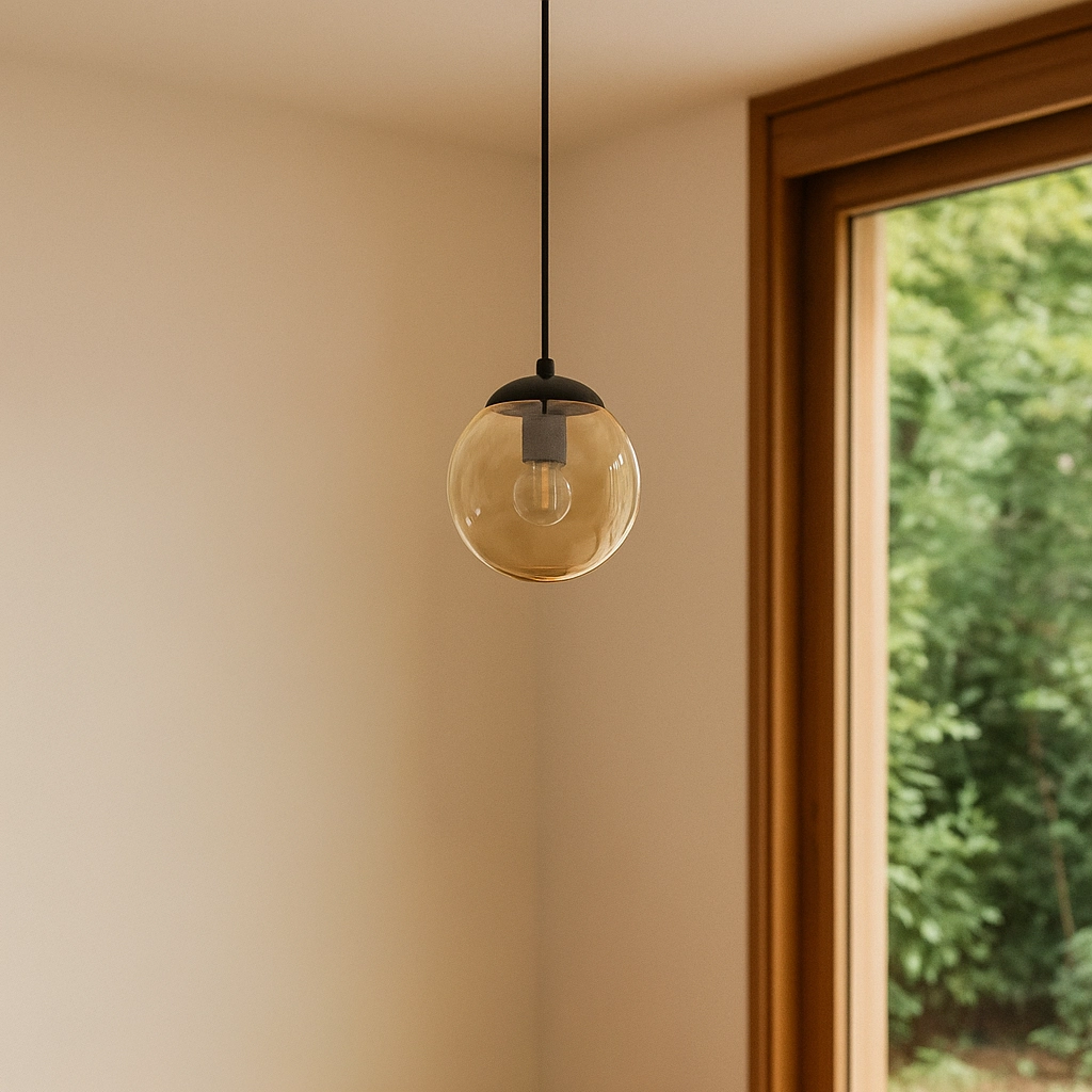 Lampa wisząca Delta z jednym gniazdem E14, z czarnym metalowym mocowaniem i bursztynowym, szklanym kloszem w kształcie kuli. Wisi na cienkim, czarnym przewodzie, w tle widoczne okno z drewnianą ramą i zieleń na zewnątrz.