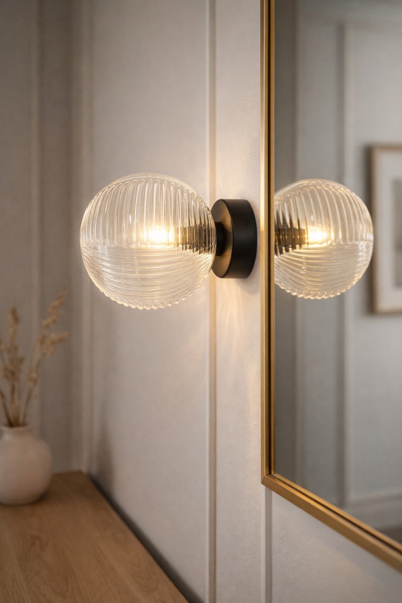 Lampa sufitowa Aura z jedną żarówką G9, z czarnym metalowym uchwytem i transparentną, teksturowaną szklaną kulą. Ujęcie z boku, montowana na ścianie obok lustra, w tle delikatne neutralne kolory.
