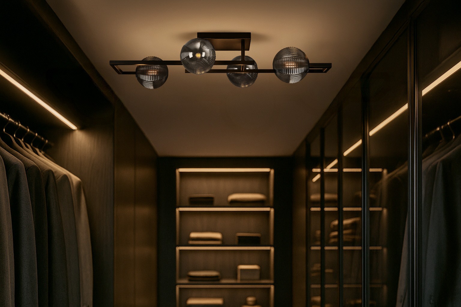 Lampa sufitowa Tores 4xG9 w kolorze czarnym z grafitowym wykończeniem, złożona z czterech okrągłych kloszy z teksturą, zamontowana na prostokątnej podstawie. Ujęcie z dołu w nowoczesnym wnętrzu szafy z oświetleniem LED.