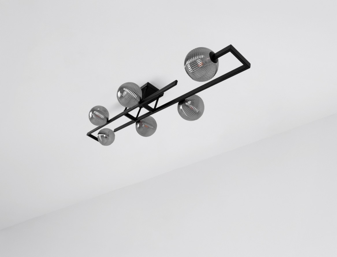 Lampa sufitowa Tores w kolorze czarnym i grafitowym, z sześcioma kulistymi kloszami. Ujęcie z góry, pokazujące minimalistyczny design i metalową konstrukcję. Klosze mają teksturowaną powierzchnię, co dodaje elegancji.